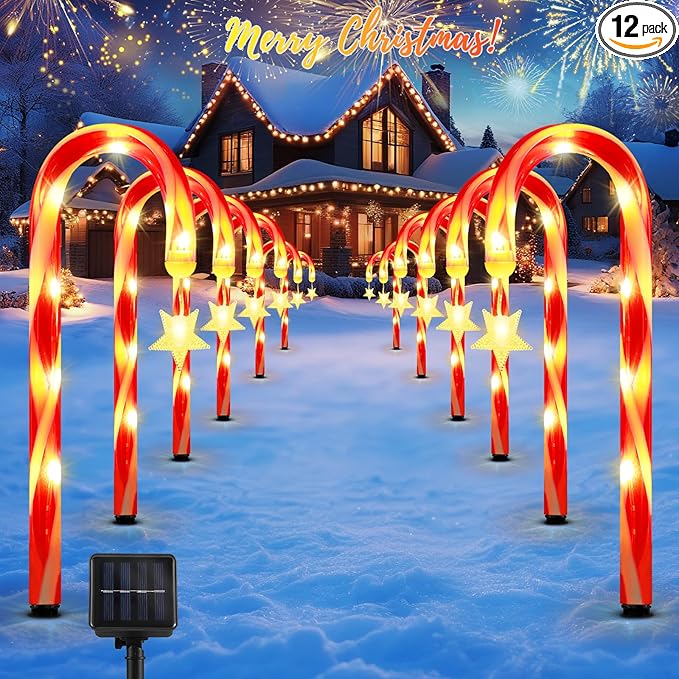 Lewondr 15" Solar Christmas Candy Cane Lights Outdoor, Pathway Stake Lights with 2 Modes, 108 LED Beads, Waterproof Outside Xmas Decorations with Star Decor Lights for Yard Garden Holiday, 12 Pack