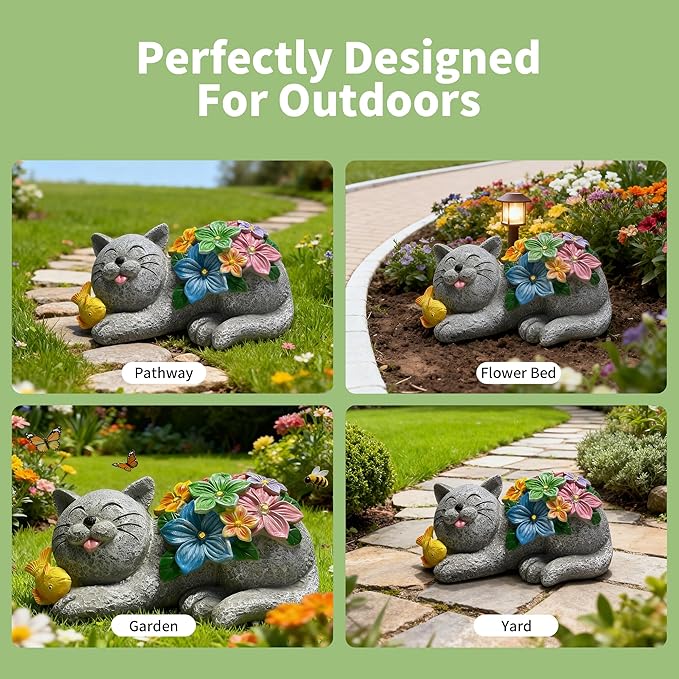 Solar Garden Outdoor Statues Cat Figurine Lights - Yard Decorations for Patio,Balcony,Lawn Ornaments - Unique | Lumora