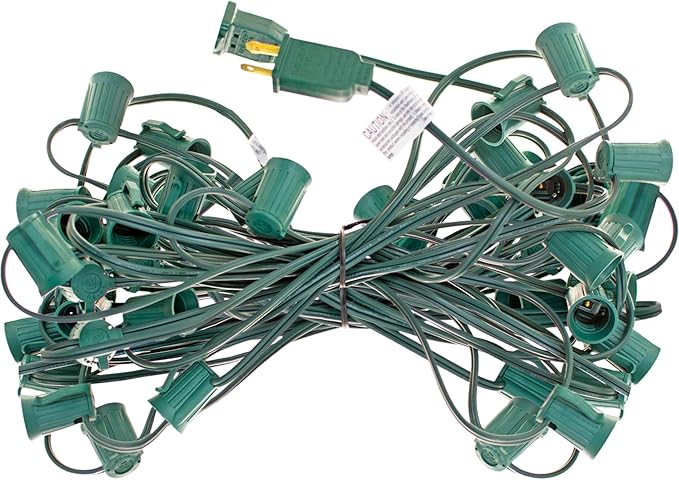 EST. LEE DISPLAY L D 1902 Outdoor Patio Light String, 50 Feet Long with 50 Sockets, Green Wire Hanging Cords, C7 E12, 12in Spacing, Decorative String Lighting Wire (Green, 50)