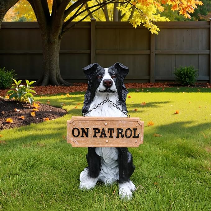 Outdoor Border Collie Dog Statue with Interchangeable Welcome Sign and Detachable Solar Lantern –LED Light Garden Dog Sculpture Décor, Cute Puppy Design for Yard, Porch, Gift