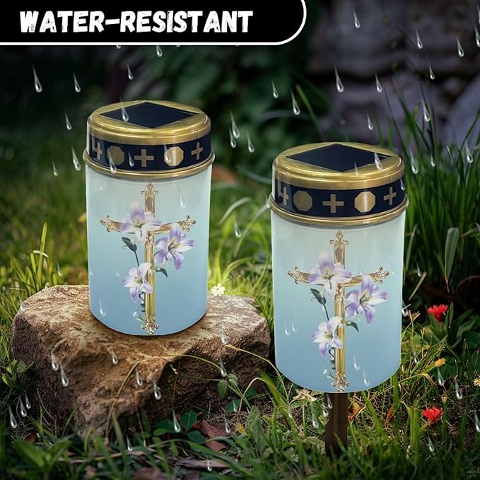 Solar Cross for Cemetery Grave Lily Grave Decorations for Cemetery Auto On/Off LED Solar Light for Landscape Outdoor Cemetery Decor Memorial Gifts