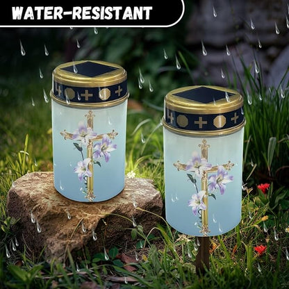 Solar Cross for Cemetery Grave Lily Grave Decorations for Cemetery Auto On/Off LED Solar Light for Landscape Outdoor Cemetery Decor Memorial Gifts