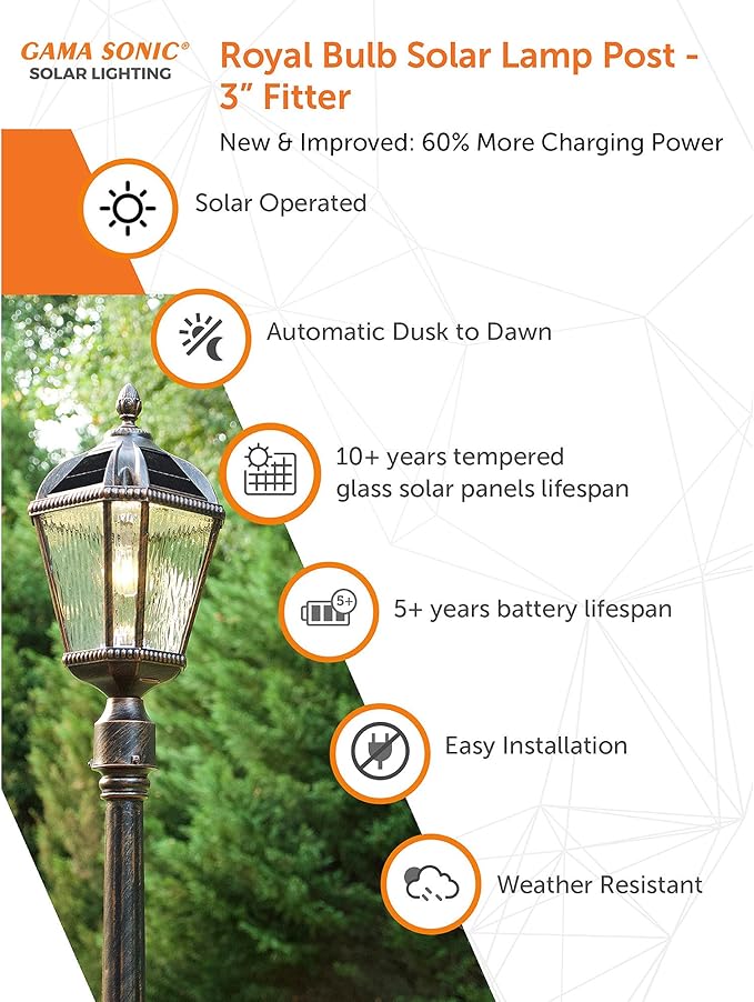 Gama Sonic Outdoor Solar Post Light, Brushed Bronze Finish Aluminum, Royal Bulb, Clear Rain Glass, 3-inch Fitter | Lumora