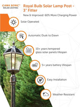 Gama Sonic Outdoor Solar Post Light, Brushed Bronze Finish Aluminum, Royal Bulb, Clear Rain Glass, 3-inch Fitter | Lumora