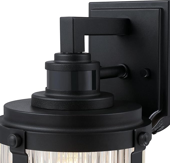 Westinghouse 6120600 Armin Vintage-Style One Light Outdoor Wall Fixture with Motion Sensor, Textured Black Finish, Clear Ribbed Glass