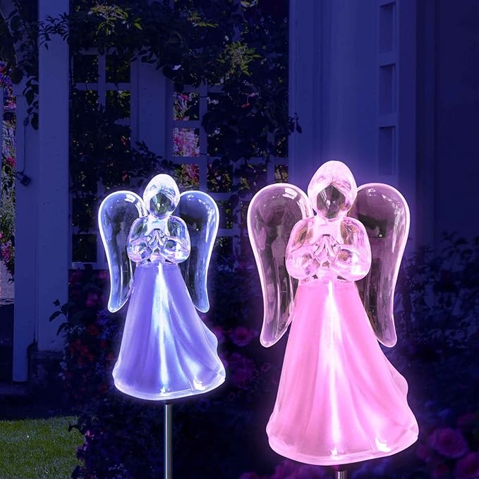 Solar Powered Angel w/Frosted Skirt Garden Stake Landscape Color Change Lights (Set of 2)