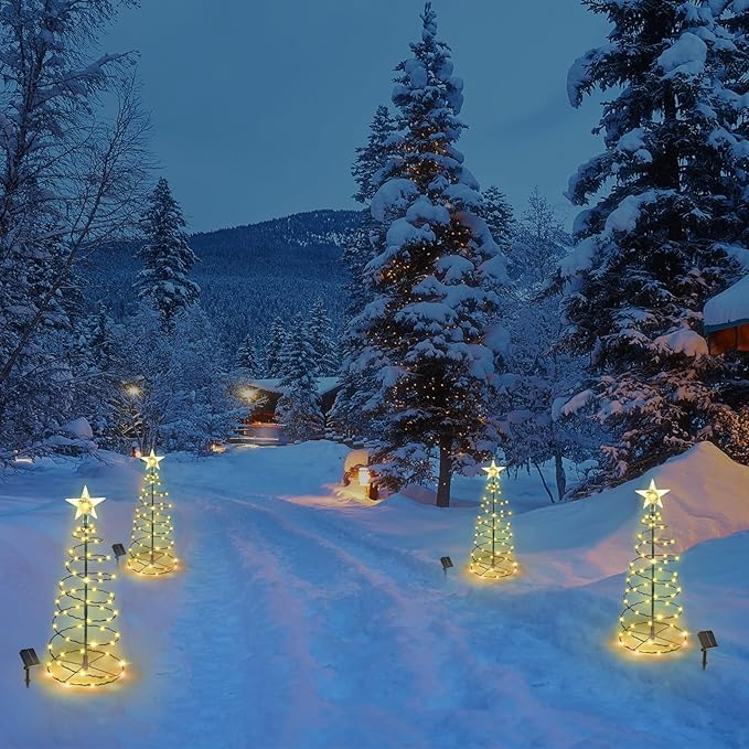 Outdoor Christmas Decorations, 2 Pack 20'' Spiral Solar Christmas Tree Lights, 8 Modes Solar Pathway Lights, Waterpoof Light up Prelit Xmas Tree for Garden Patio Yard Walkway Driveway（Warm White）