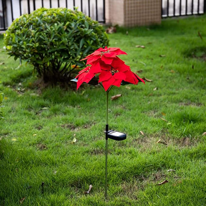 Outdoor Solar Flower Lights,2Pcs15.7Inch Solar Christmas Poinsettia Flower Lights,Waterproof Garden Stake Light Decorative Solar Patio Lawn Lamp for Yard Pathway