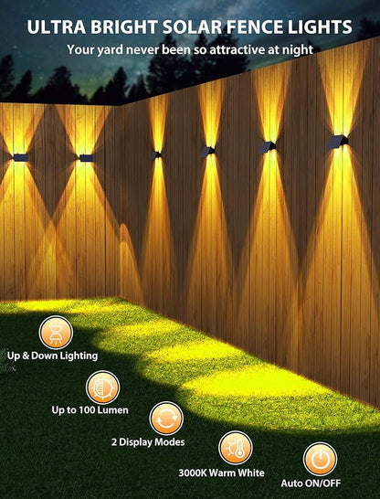 Solar Fence Lights,8Pack Solar Lights Outdoor 2700/4500/6000K 3 Mode Up & Down Solar Wall Lights Waterproof 100 Lumens Solar Powered Fence Light for Backyard/Pool/Railing/Patio/Porch/Step