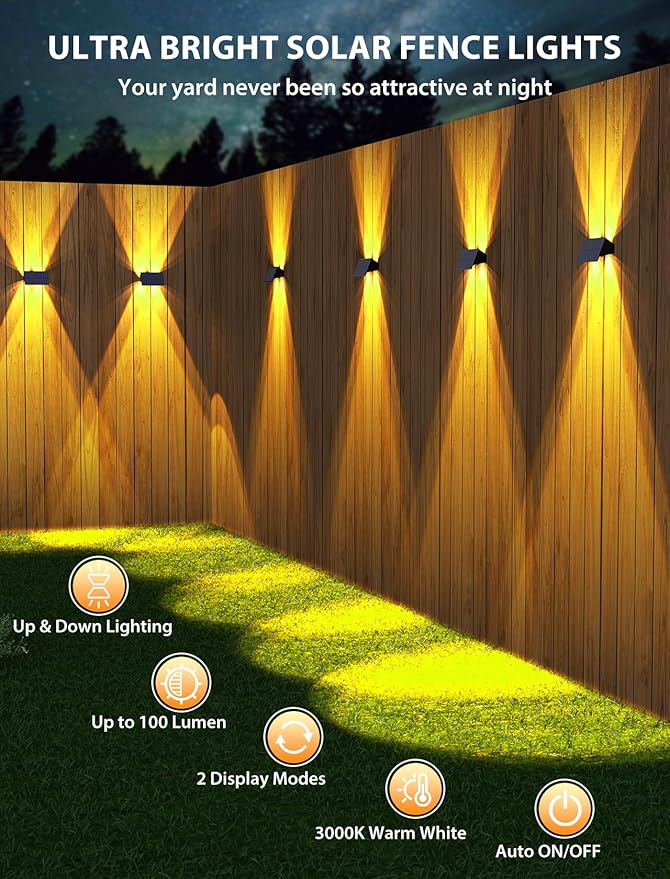 Solar Fence Lights,12Pack Solar Lights Outdoor Warm White Up & Down Wall Lights Waterproof 100 Lumens Dusk to Dawn | Lumora