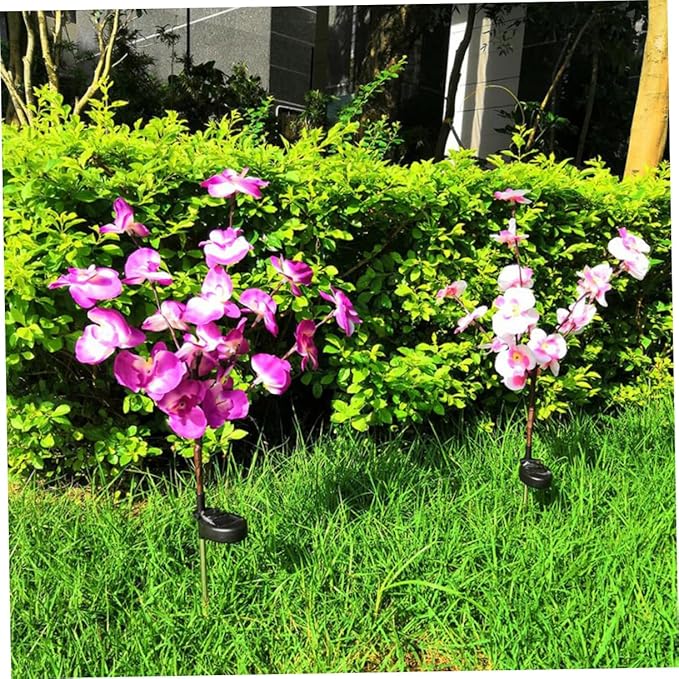 Mipcase 2pcs Orchid Shape Solar Garden Lights Outdoor Solar Pathway Lamp for Driveways Walkways Yards Energy Saving Easy to Install Purple Decorative Landscape Lighting