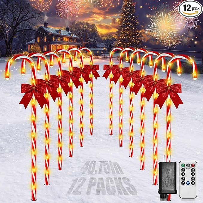 Christmas Candy Cane Pathway Lights, 12PCS 120 LED Christmas Lights Outdoor Decorations with Red Bow Waterproof, 8 Modes Timer Remote Christmas Walkway Light for Xmas Home Yard Lawn Patio Decor