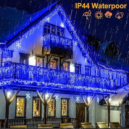 99ft Icicle Lights for Outside, Blue Christmas Lights Outdoor Indoor, 1216 LED Twinkle String Light with 228 Drops Short Curtain Lights for Thanksgiving Room Home Wall Bedroom Window Tree Decorations