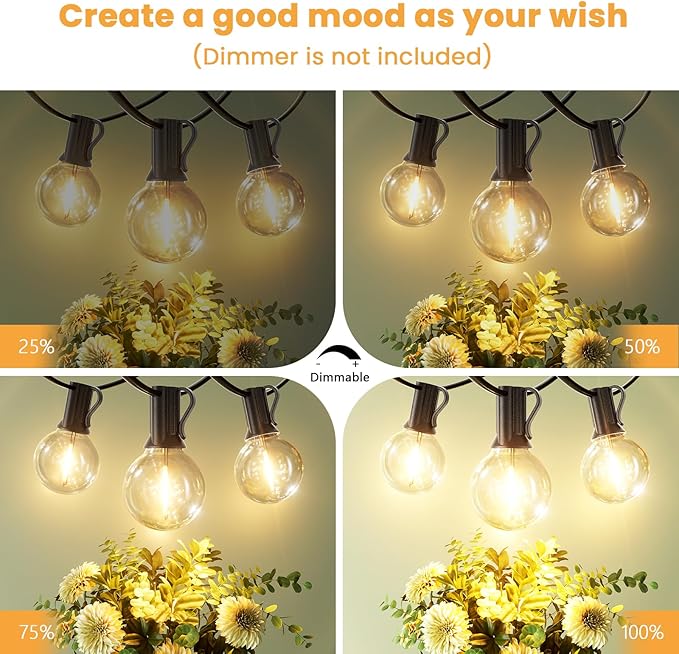 Outdoor String Lights 25 ft, G40 Led Patio Light with 13pcs Bulbs, Shatterproof Waterproof Dimmable Connectable Hanging Globe Outdoor Lights for Party, Cafe, Backyard, Balcony, Bistro,Gift, Black