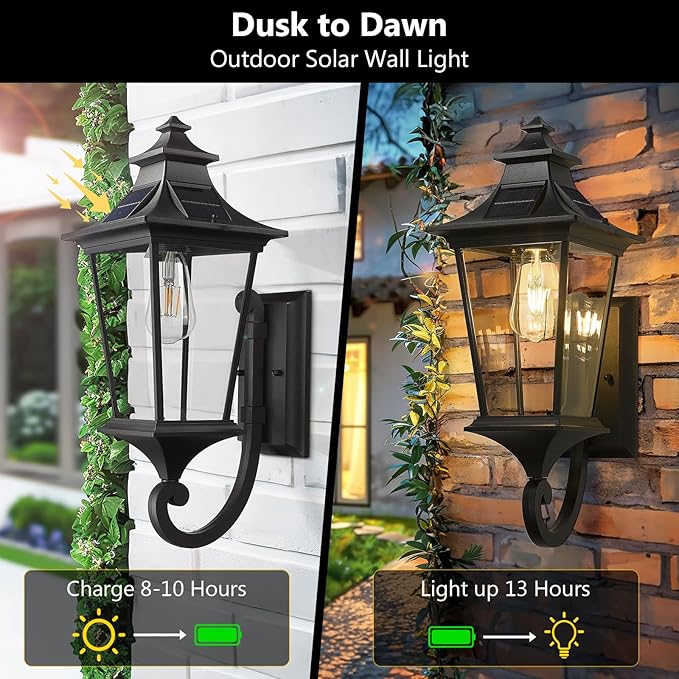 Emliviar Solar Exterior Front Porch Light with Remote Control, 3 Lighting Modes Waterproof Solar Wall Lantern, Auto | Lumora