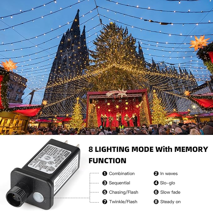 XTF2015 262FT 800 LED Christmas String Lights, Christmas Lights Plug 8 Modes Memory Function with Timer, UL | Lumora