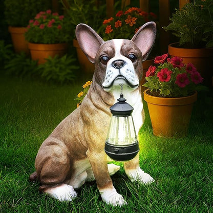 Outdoor Boston Terrier Dog Statue with Interchangeable Welcome Sign and Detachable Solar Lantern –LED Light Garden Dog Sculpture Décor, Cute Puppy Design for Yard, Porch, Gift