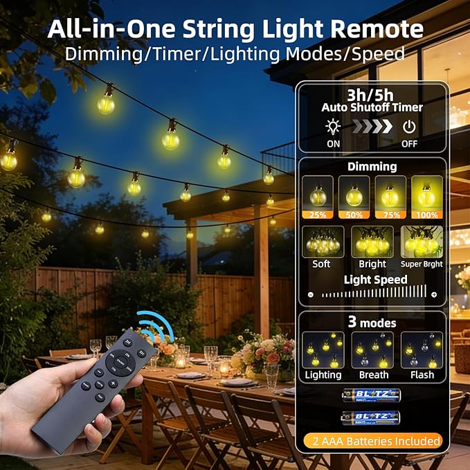 100FT Solar Lights Outdoor Waterproof: G40 30M Shatterproof Bulbs Patio Lights - Solar Powered Remote Control 3 | Lumora