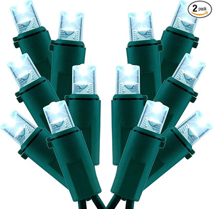 Cool White Wide Angle Christmas Lights, Pack of 2 Sets 25 Ft 100 LED Green Wire 5mm UL Certified Commercial Grade Holiday String Light