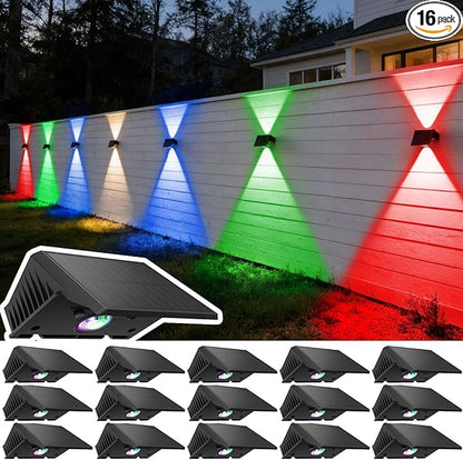 Solar Fence Lights Outdoor, 16-Pack Fence Lights Solar Powered with Up/Down Buttons, IP67 Waterproof for Outside, 120LM Auto Dusk to Dawn for Wall/Patio/Yard/Railing/Deck/Pathway (White & RGB)