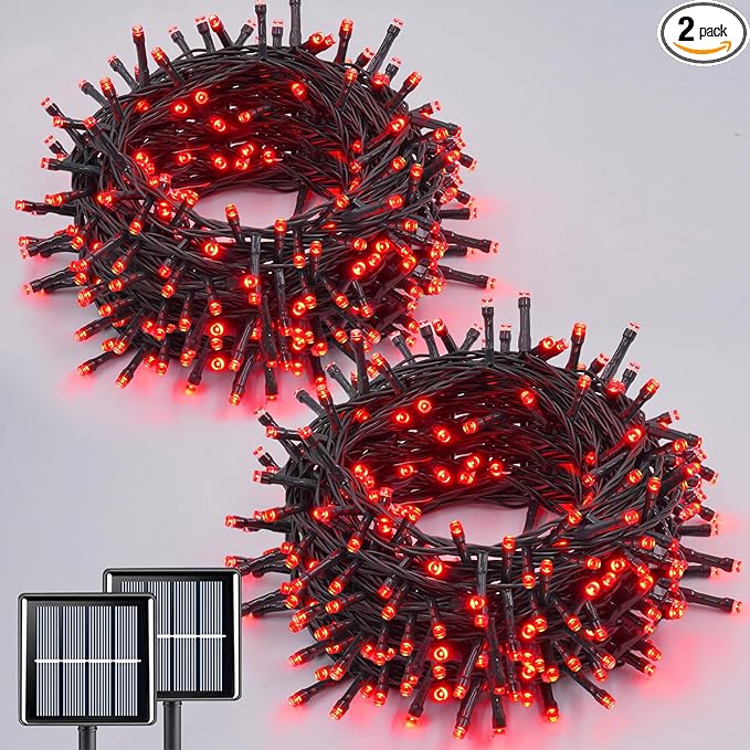 QITONG Red Valentine Solar String Lights, 2 Pack Each 66ft 200 LED Christmas Lights Outdoor Waterproof, 8 Modes | Lumora