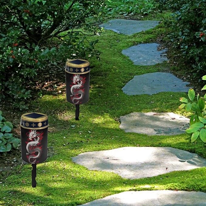 Dragon Print Solar Garden Stake Lights, Yard Solar Lights Cemetery Decorations for Grave Outdoor Sympathy Memorial Gift for Grandma, for Garden Lawn Patio Pathway Decor
