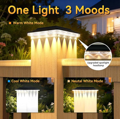 4x4 Solar Post Cap Lights Outdoor, Black Deck Post Light Solar Powered for 3.5x3.5 Vinyl/Wooden Post, Waterproof 3 Modes(Warm/Cool Light) Solar Fence Light for Garden, Patio, Porch 12pack