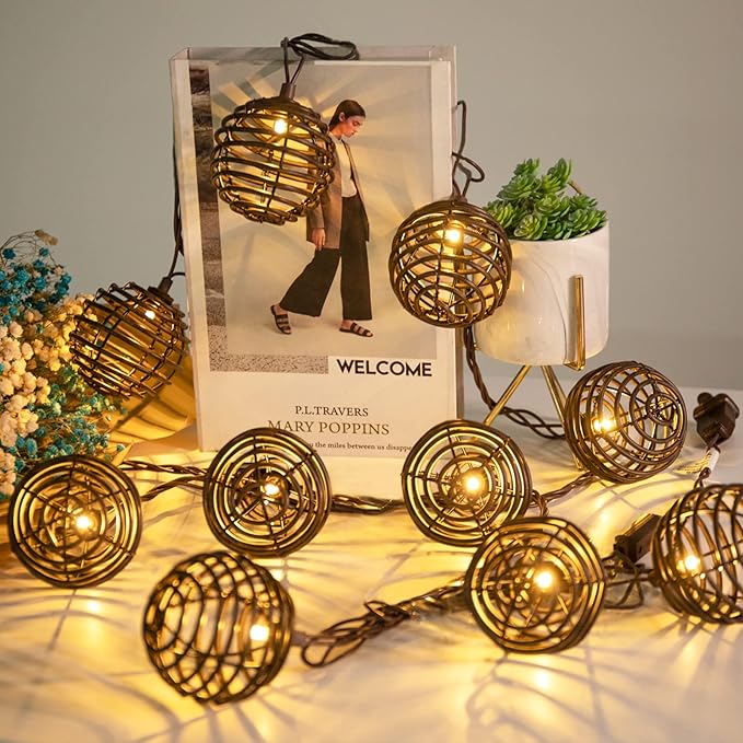 Vigdur Rattan Ball String Lights, Brown Plug in Decorative Lights with 10 Rattan Bulbs, Connectable Patio String Lights for Home, Garden, Backyard & Cottagecore Decor(9.84FT)