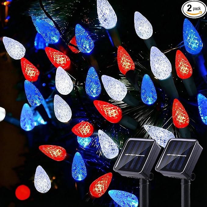 2 Pack 4th of July Decorative Lights Outdoor C6 Strawberry String Lights Red White Blue Fairy Lights 50 LED Solar Operated Rechargeable Garden Lights for Christmas Tree Arbor Decor