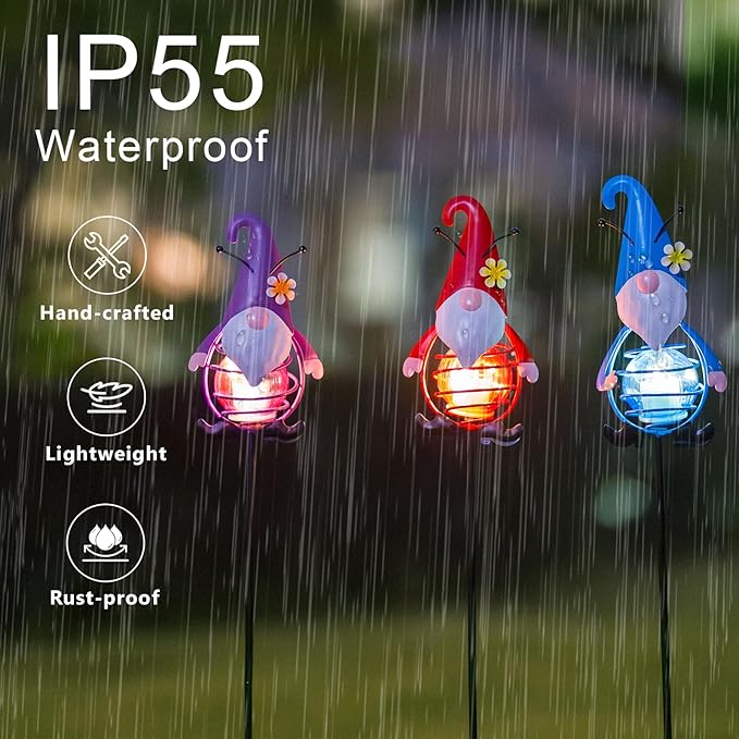 Gnome Solar Garden Lights, 22.4" H Waterproof Decorative Solar Stake Light, 3 Pcs Outdoor Statues Figurine Lights | Lumora