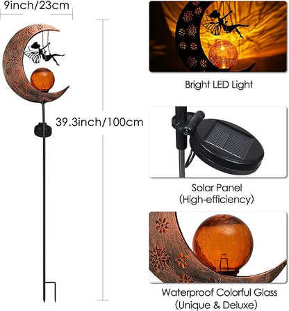 TERESA'S COLLECTIONS Solar Lights Outdoor for Garden Decor, 39" Metal Moon Fairy Pathway Light Garden Statues with Crackle Glass for Patio Decor Lawn Ornaments Yard Art for Outside, Gifts for Mom