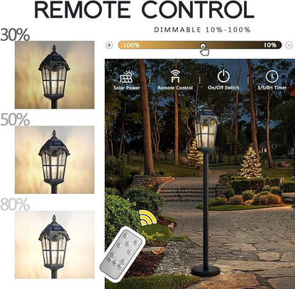 Emliviar Solar Pathway Light with Water Grain Glass Shade, 46 Inch Classic Post Lamp with Round Base in Black Finish, Portable Floor Lamp for Outdoor Travel, LED Bulb Included, YXE302PL-ML SL BK