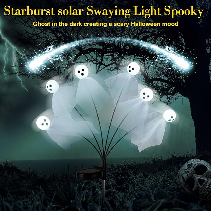 VIHOSE 2 Packs Halloween Solar Lights Outdoor 12 LED Solar Ghost Pathway Lights Waterproof Spooky Ghost Path Light Outdoor Halloween Decorations for Outside Garden Lawn Yard Decors (White)