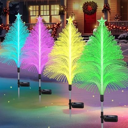 Solar Garden Lights Christmas Decorations Outdoor Waterproof,4 Packs Christmas Trees Lights Fairy Garden Decor,Xmas Gifts for Women mom,Solar Jellyfish with Star 5 Layer for Yard Outside