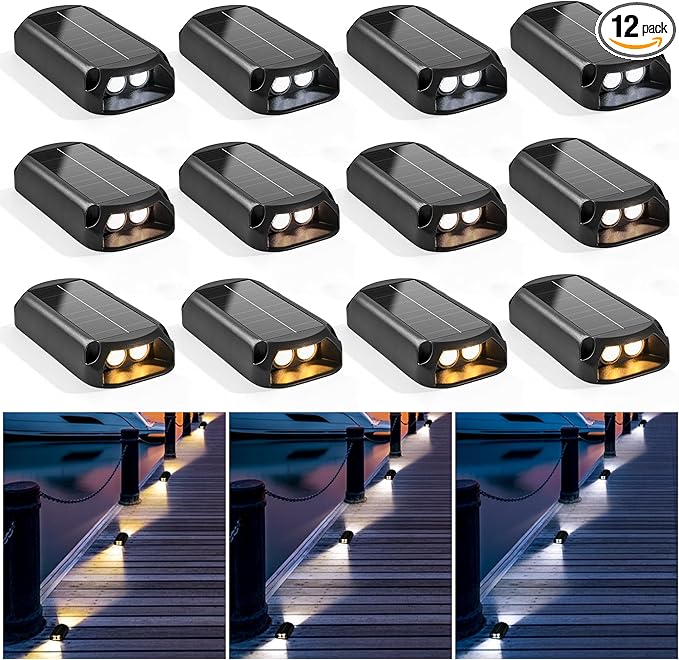 SOLPEX Solar Deck Lights, Solar Driveway Dock Lights Outdoor, IP65 Waterproof Step Light, 2700K/ 4000K/ 6600K 3 Modes Led Light for Stair, Pathway, Patio, Yard, Ground, 12 Pack