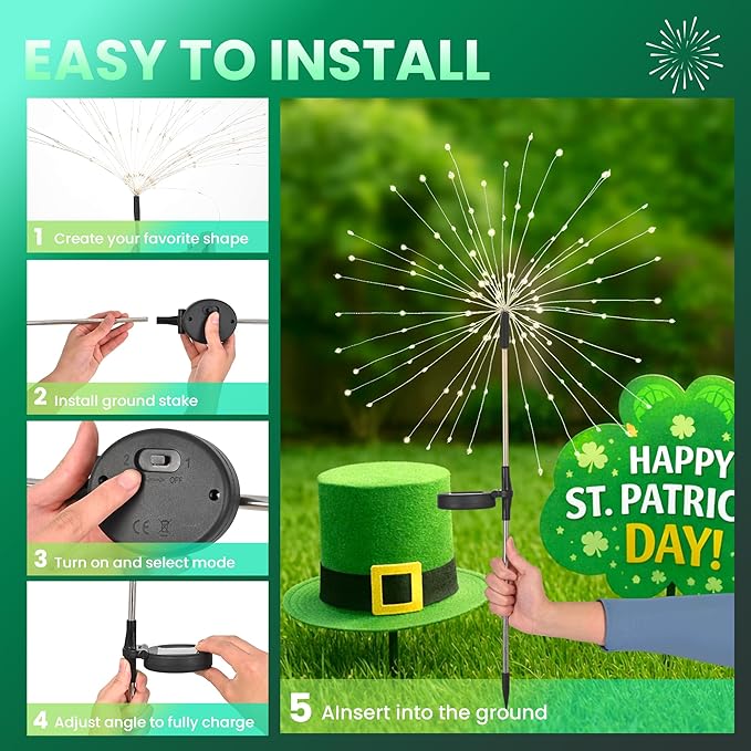 6 Pack St. Patrick's Day Solar Lights Outdoor, Solar Garden Lights Outside Fairy Firework Decorative,Solar Powered for Wedding,Yard Pathway Party Balcony Patio Decor (Green