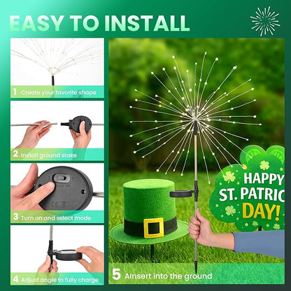 6 Pack St. Patrick's Day Solar Lights Outdoor, Solar Garden Lights Outside Fairy Firework Decorative,Solar Powered for Wedding,Yard Pathway Party Balcony Patio Decor (Green