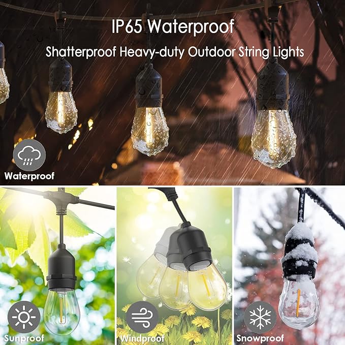 48FT Outdoor String Lights LED Heavy-Duty Waterproof Patio Lights with 16 Shatterproof Plastic 2200K Warm White | Lumora
