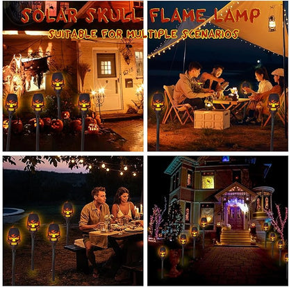 4 Pack Solar Halloween Lights Outdoor,Skull Light,Solar Torch Light with Flickering Flame,Waterproof LED Flame Lights,for Halloween Decor Patio Yard Path,Outdoor Landscape Lighting and Et Cetera.
