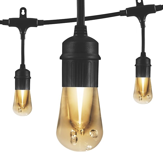 Enbrighten Vintage LED Café Lights with Oil-Rubbed Bronze Lens Shade, Outdoor String Lights, Black, 24ft, 12 Impact Resistant Lifetime Bulbs, Premium, Shatterproof, Weatherproof, Indoor/Outdoor, 43375