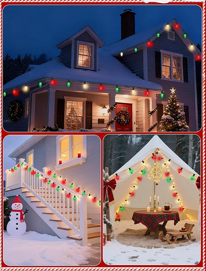 25Ft Christmas Lights Outdoor, C9 Multicolor Christmas Lights with 26 Red Green & White Incandescent Bulbs, Vintage String Lights for Holiday, Xmas, Roofline, Wedding- Green Wire