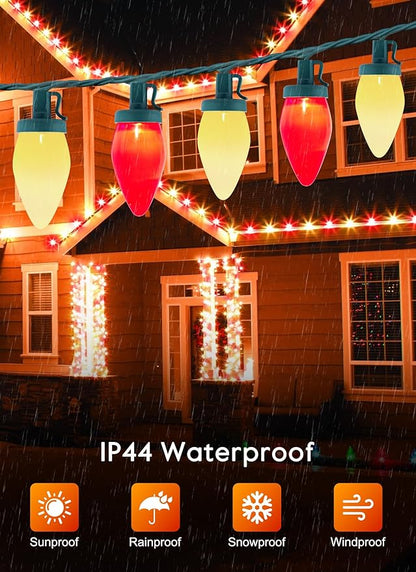 C9 Christmas Lights Outdoor, 100 Feet Strawberry Waterproof String Lights with 100 Bulbs, Connectable Waterproof Lights for Holiday Party Roofline Backyard Patio, Green Wire(Red & Warm White)