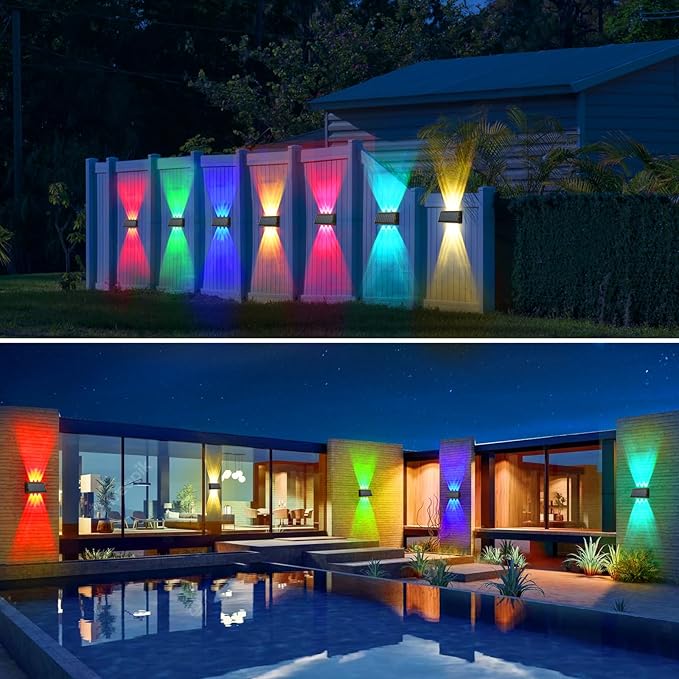 Sunvivo Solar Wall Lights Outdoor,Cordless,Waterproof IP65,Adjustable PV Panel,Up and Down Lamp Wall Sconce Deco Light for Exterior Wall Garage Fence Yard Patio Café Pub-2 Pack RGB(red,green,blue)