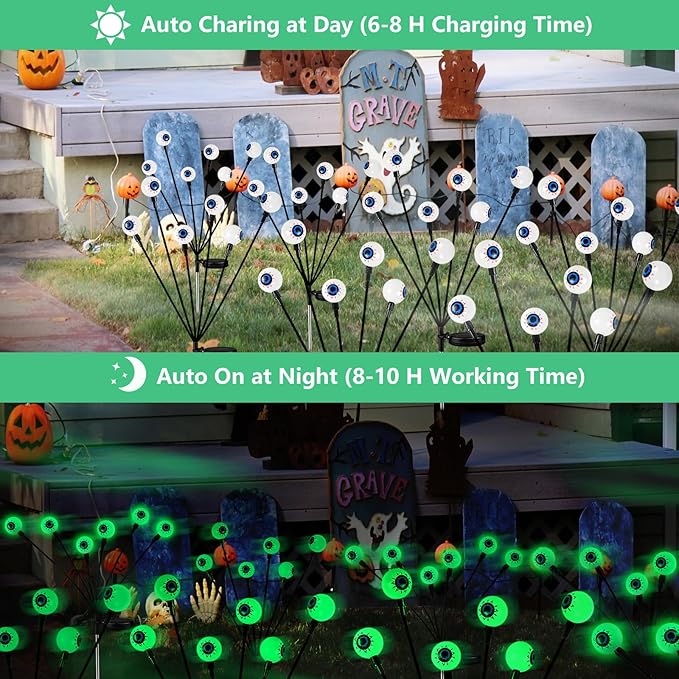 YIQU 4 Pack Solar Halloween Lights Outdoor, Solar Eyeball Lights, 24 LED Green Eyeball Swaying Light with 2 Lighting Modes, Waterproof Outdoor Halloween Decorations for Walkway Yard Lawn Horror Party