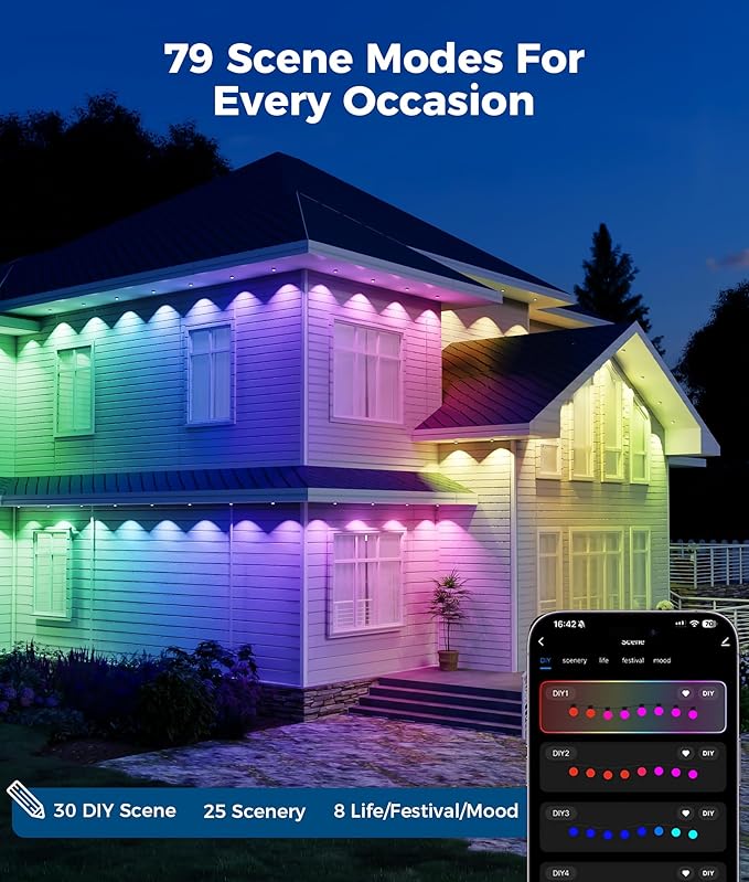Permanent Outdoor Lights, 100ft RGB & 60pcs LED Lights, 79 Scene Modes with Timer for Smart Outdoor Decorations, IP67 Waterproof Works with Alexa and Google