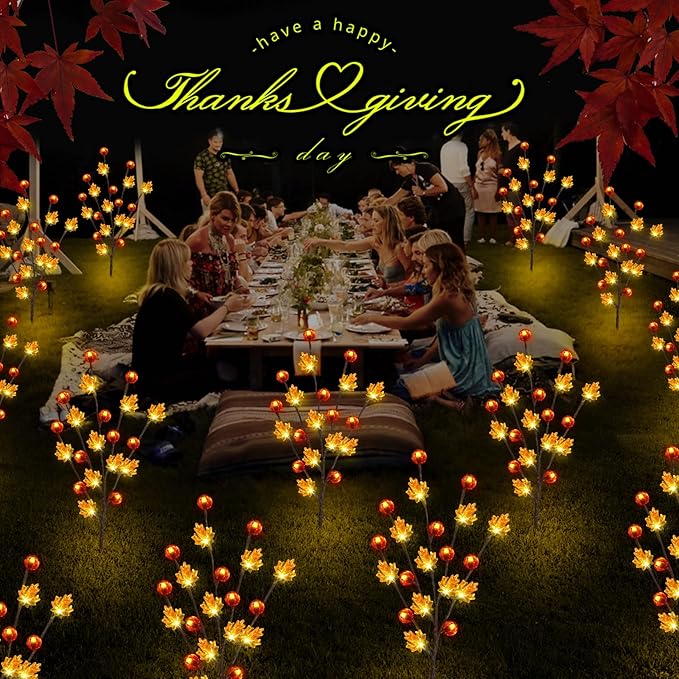 Fall Decor Solar Garden Lights Outdoor for Thanksgiving Decorations,4PACK 80LED Pumpkin Maple Leaf Tree with Friendsgiving Gifts,Solar Fall Decor Lights for Home/Garland/Thanksgiving Day