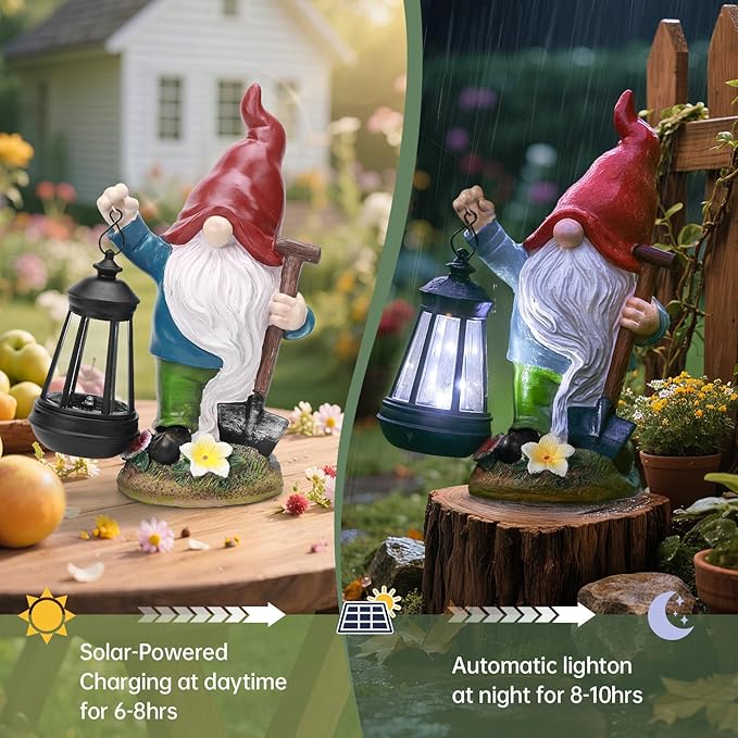 Gnome Garden Decor Statue with Lantern, Solar Gnomes Outdoor Decorations with LED Lights, Lawn Decor Yard Ornament for Patio Balcony, Valentine's Day Birthday Gift for Mom Grandma