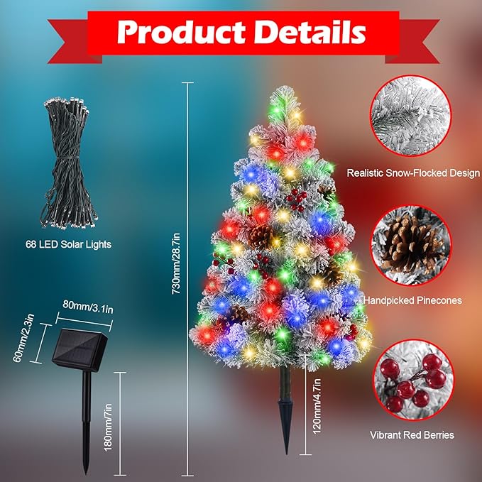 Brightever Solar Christmas Tree Lights Snow Flocked, 68LED Christmas Outside Decor with 8 Lighting Modes, Pine | Lumora