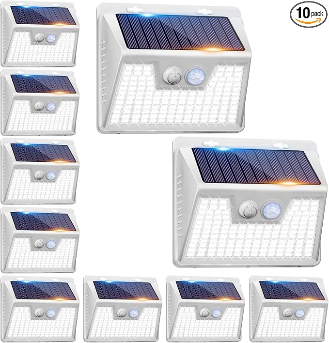 Solar Lights Outdoor Waterproof, 10 Pack 140LED Ultra-Bright Motion Sensor Light, 3 Modes Solar Powered Fence Lights, Solar Security Wall Lights for Garden Yard Outside(Cool White)