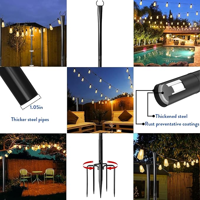 4-Pack 9.8FT String Light Poles, Outdoor Deck Light Stand with Adjustable Fence Brackets, Metal Hanging Pole for | Lumora